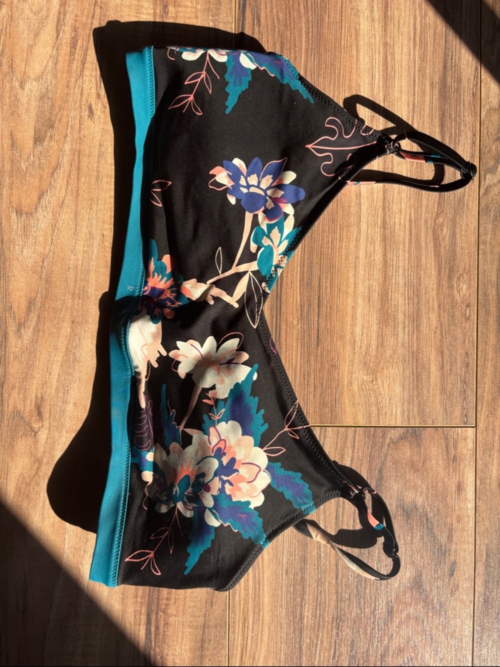 Roxy Black Floral Bikini Top with Teal Trim